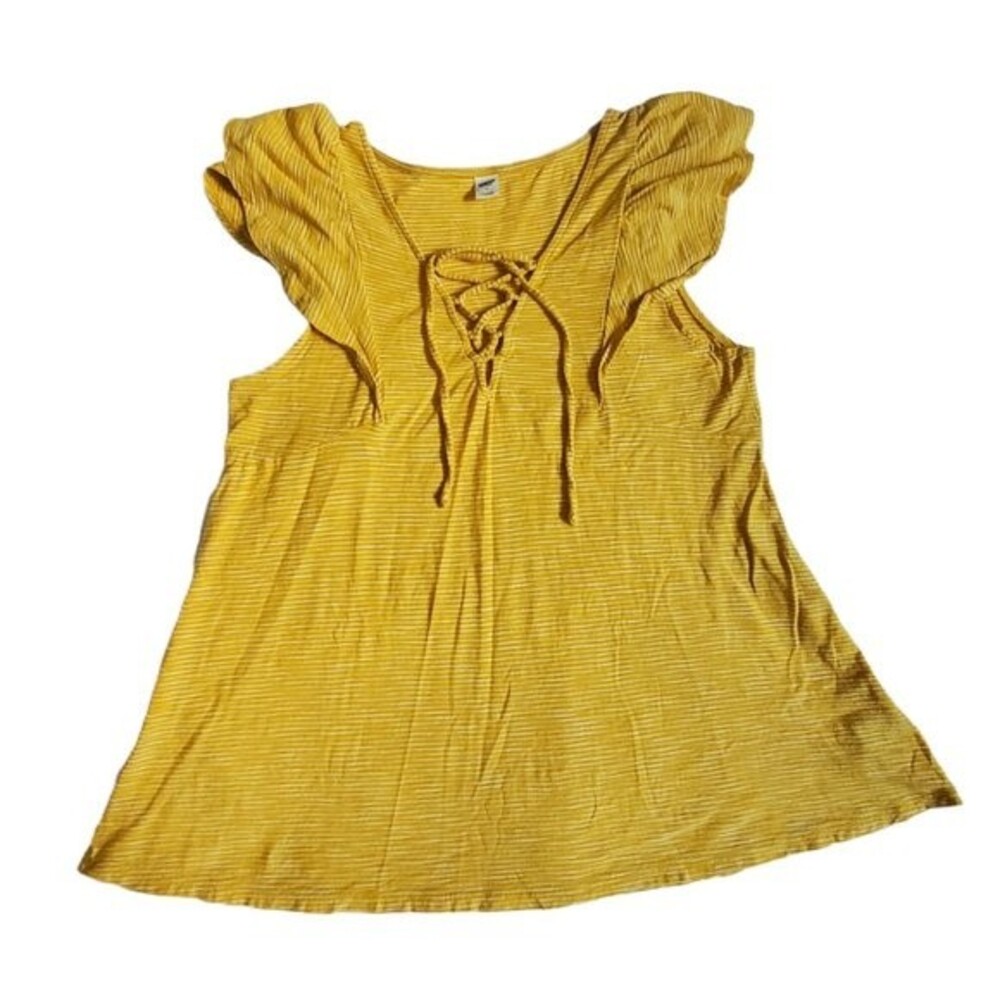 Old Navy yellow white striped flutter sleeve lace-up tie front top sz M